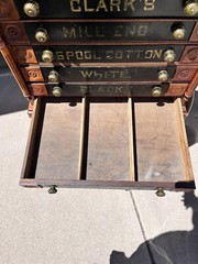 Antique Clark’s Mile End Spool Cotton Cabinet With Embossed Tin