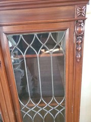 Antique Wood China Cabinet with Leaded Crystal Glass Panels 70″ Wide 3 Doors Key