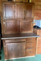 antique oak hoosier cabinet 69″ x 41.5″ with many accessories