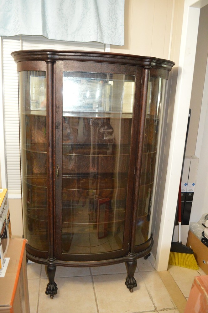 VINTAGE ~ OAK CHINA CABINET ~ BEAR CLAW FEET ~ ORIGINAL GLASS ~ 1850 – 1899