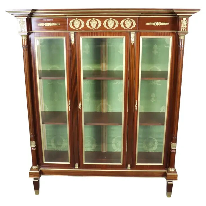 Fine Gold Dore’ Bronze Ormolu Mounted French Empire Style Vitrine Cabinet