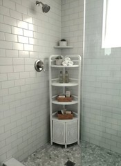 Vintage White Wicker Corner Etagere Cabinet 4 Shelves, Two Door Cabinets Base
