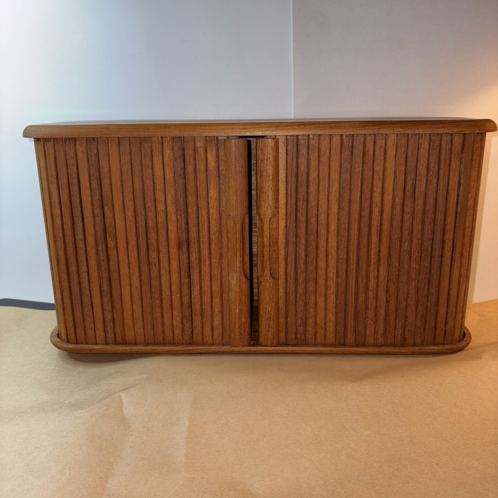 Vintage Mid Century Brookstone Teak Tambour Door Wall Mount Cabinet