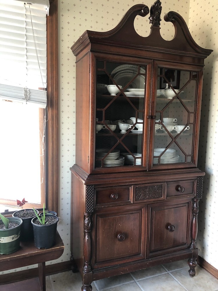 Antique China Cabinet w/shelves, drawer and enclosed cabinet. Removable topper