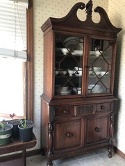 Antique China Cabinet w/shelves, drawer and enclosed cabinet. Removable topper