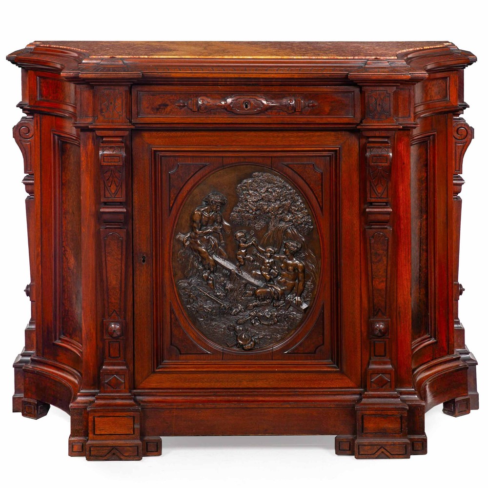 Renaissance Revival Walnut and Marble Cabinet w/ Bronze Clodion Plaque