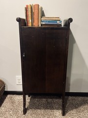 Antique Wooden Record Cabinet Brown with Shelves and Door
