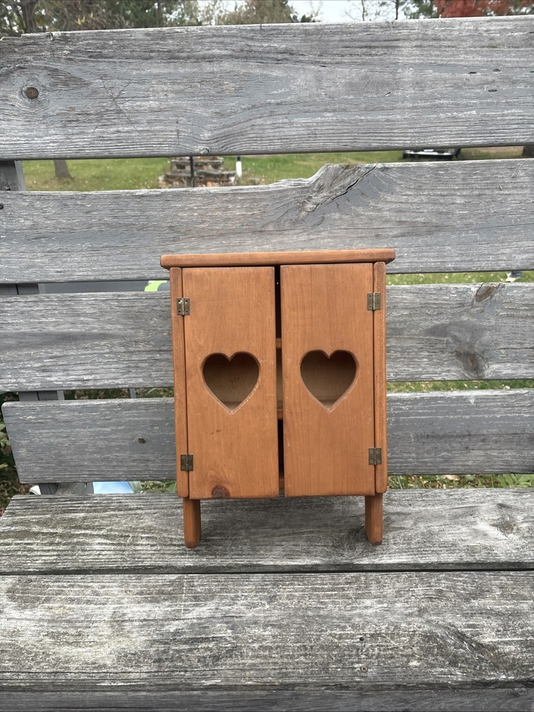 Vintage Wood Wall Mount Cabinet with Heart Cut Outs On Doors Country Farm 🔥