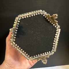 MCM Art Deco Mirrored Floral Etched Hexagonal Glass Jewelry Casket Trinket Box