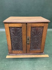 Antique Edwardian Oak Wood Smokers Cabinet w/ Carved Door Panels