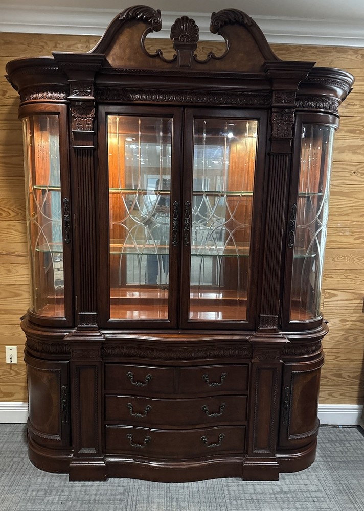 Large Mahogany Breakfront China Hutch Cabinet~Lighted~Mirrored Back~2-Piece
