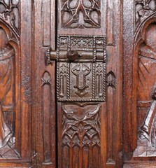 Antique French Gothic Revival Cabinet Highly Carved in Oak Wood w/Figures