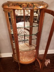 Antique Hand Painted Roses Wooden Curved Glass Curio Cabinet w/ Ormolu Trim