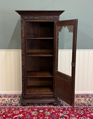 Antique French Breton Bookcase Armoire Linen Cab Wavy Glass Carved Chestnut 19th