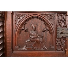 Antique French Gothic Revival Oak Bar Cabinet With Carved Figures, Circa 1890s