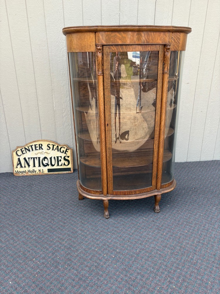 67718 Antique Victorian Oak Lion Head China Cabinet with Curved Glass Doors