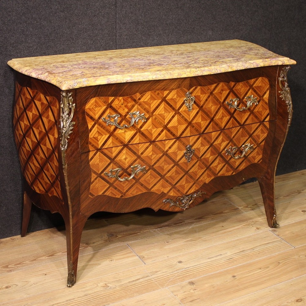 French inlaid commode furniture dresser 2 drawers Louis XV style marble 900