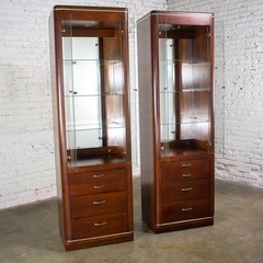 Modern Pair Lighted Display Cabinets by Bassett Furniture Cherrywood & Brass