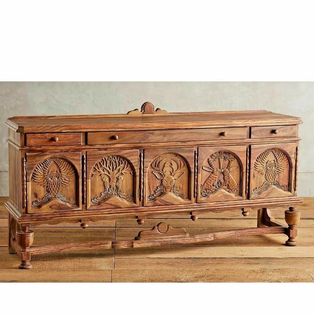 Home Decorative Unique Hand Curved Wood Inlay Buffet Table , Animal Hand Curved