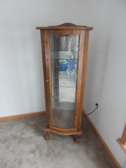 Vintage Curio Cabinet Wooden & Glass; Lighted, Mirrored, Glass Shelves, Lock Key