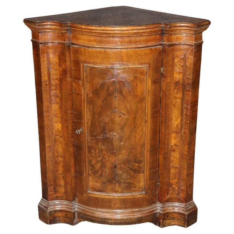 Fine Antique 1780s Italian Burled Walnut Primitive Corner Cabinet Rustic Lock