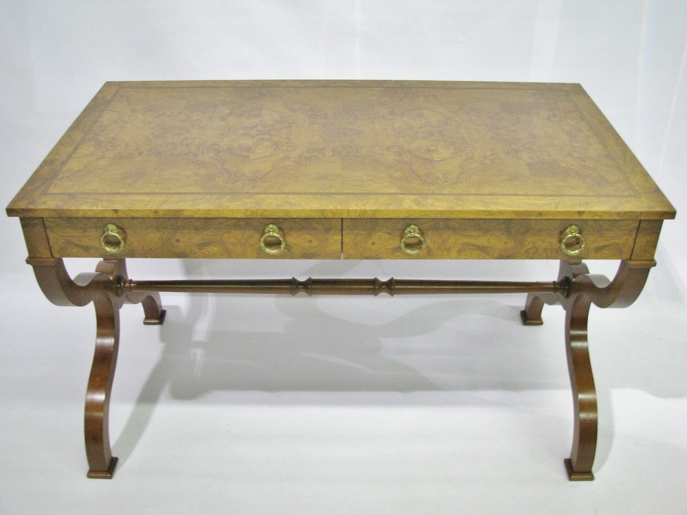 Baker Furniture Regency Style Burlwood Veneer Writing Desk / Library Table