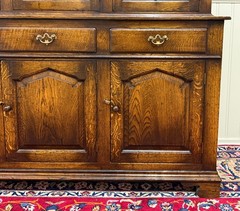 Antique English Large Bookcase Cupboard Cabinet Triple Door Glass Oak c. 1930s