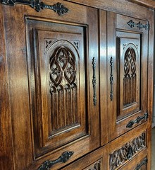 64″ Tall French Antique Gothic Carved Oak Wood Deux Corps Storage Cabinet