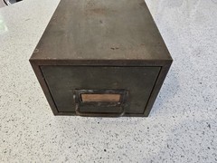 Vintage Metal Filing Index Card Sliding Drawer Aged Metal Decor 12″