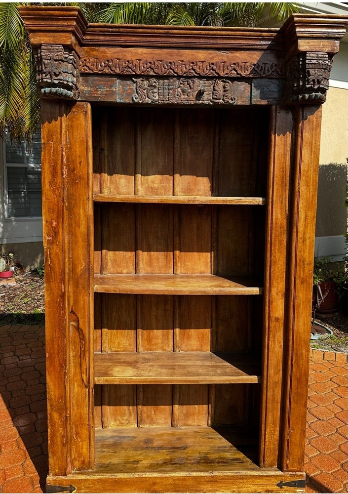 Antique-Style Hand Carved Indian Solid Wood Bookshelf | Tall Display Cabinet