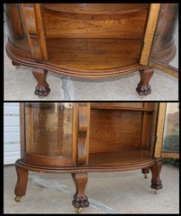 Antique Quartersawn Oak Curved Glass China Cabinet Bevel Canopy Mirror Claw Feet