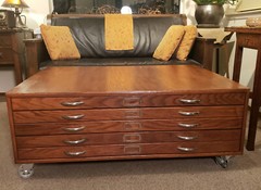 ~ Vintage MCM Oak Flat File Cabinet Industrial 4 Drawers Coffee Table w Wheels ~