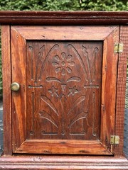 PRIMITIVE ANTIQUE WOODEN CABINET CUPBOARD 2 SHELF NORTHERN CARVED PANEL DOOR