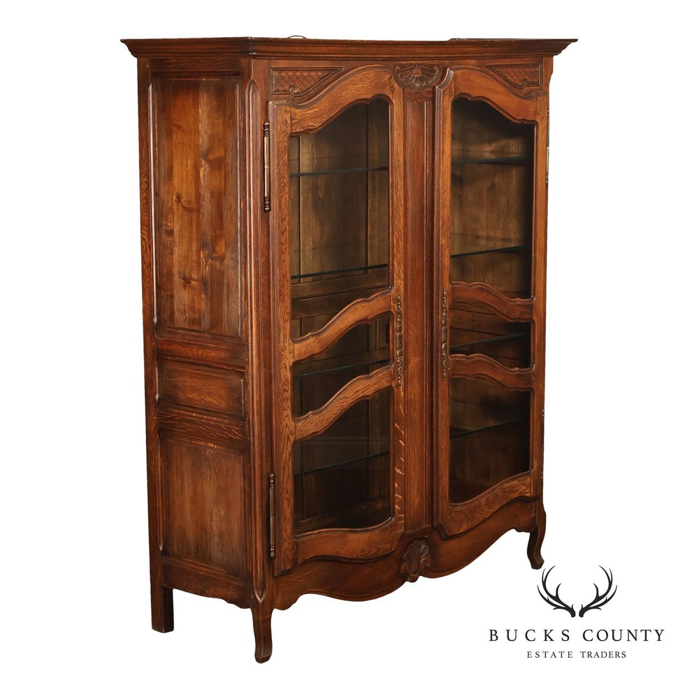 French Country Louis XV Style Vintage Oak China Display Cabinet