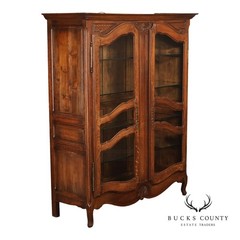 French Country Louis XV Style Vintage Oak China Display Cabinet