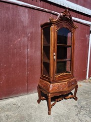 Antique Curio Bombay style Cabinet Carved Wood & Glass 3 Shelves