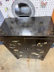 Black Wood Free-Standing Cabinet 2-Door Raised Panel Hand-Painted Floral Bird