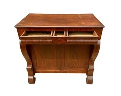ANTIQUE EMPIRE CROTCHED MAHOGANY JELLY CUPBOARD WITH DOUBLE DOORS & OGEE DRAWERS