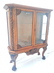 Antique Oak Display China Cabinet Display Hutch with Claw Feet & Ornate Carving