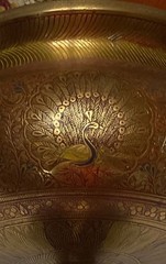 Etched Brass Pedestal Bowl Urn Peacock Floral Motif 7.3lb Ornate Centerpiece