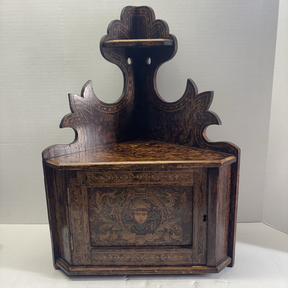Antique Hand Stencil Corner Wall Cabinet Folk Art/Renaissance Revival 21” Tall