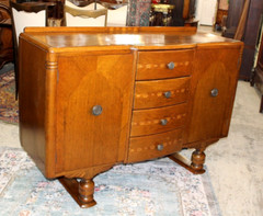 English Antique Inlaid Oak Art Deco Sideboard / Small Buffet / Bar Cabinet