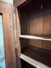 Vintage French hand carved beech china cabinet, 16″ iron hinges, lock and key