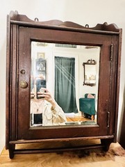 Antique Wall Mounted Wood Locking Medicine Cabinet Mirror Door Towel Rack Shelf