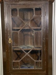 Antique 19thC Spanish Brown Painted Glazed Door Corner Cupboard Old Paint