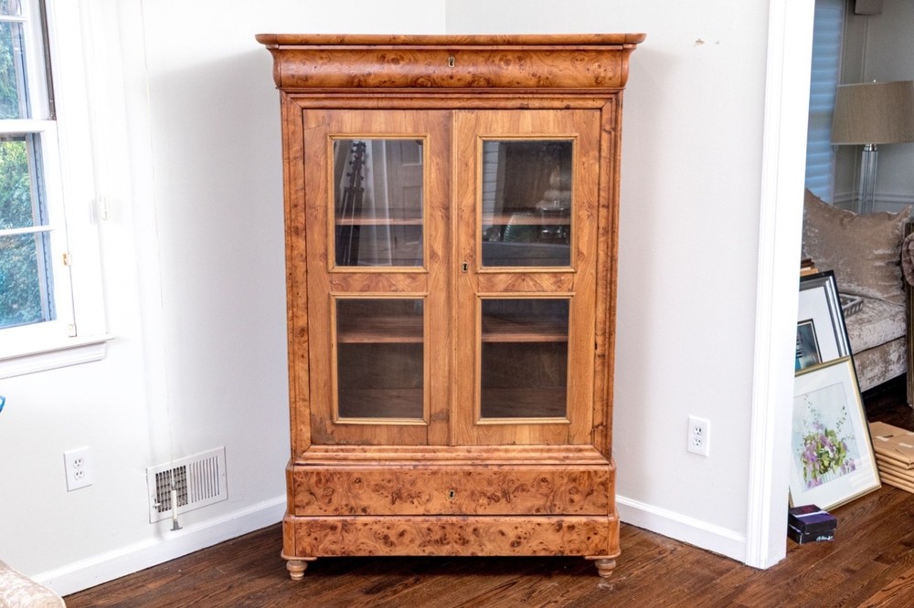 Antique French Louis Philippe Burl Wood Vitrine Cabinet