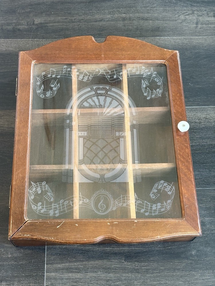Vtg Wood Curio Cabinet Etched Musical Symbols & Juke Box Front Glass Wall Mount