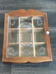 Vtg Wood Curio Cabinet Etched Musical Symbols & Juke Box Front Glass Wall Mount