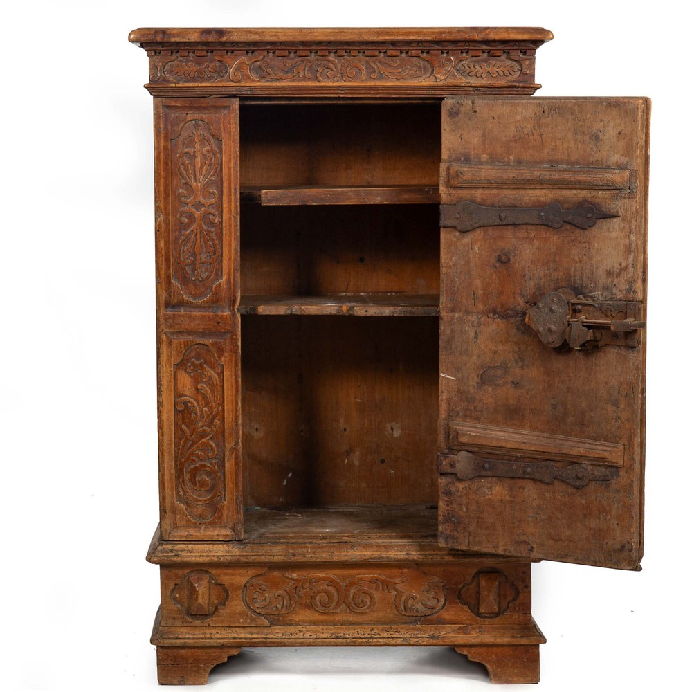 Continental Heavily Worn Carved One-Door Cupboard Cabinet of Small Size