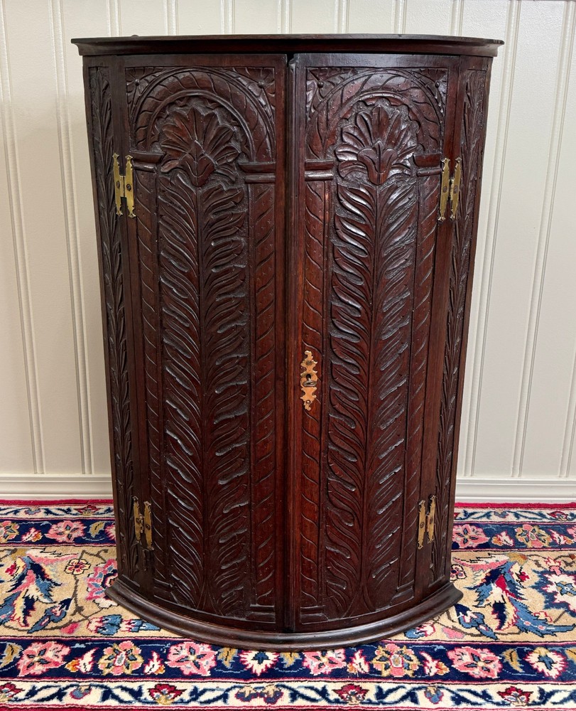 Antique English Corner Cabinet Carved Oak Hanging Wall Cabinet Storage 19C